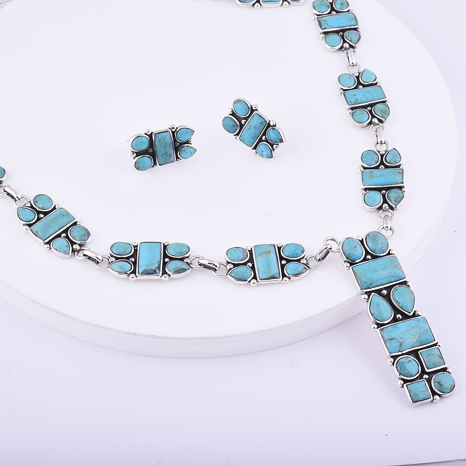 Santa Fe 2 Pc Set 51 Ct Turquoise Necklace in 18 inch and Earrings in Rhodium Plated Sterling Silver 6091310 2