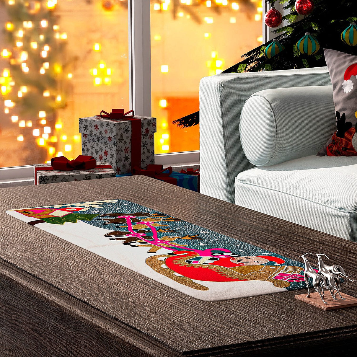 Santa on Sledge Embroidered Cotton Table Runner (Size 91x35 Cm) - Multi 8961685 0