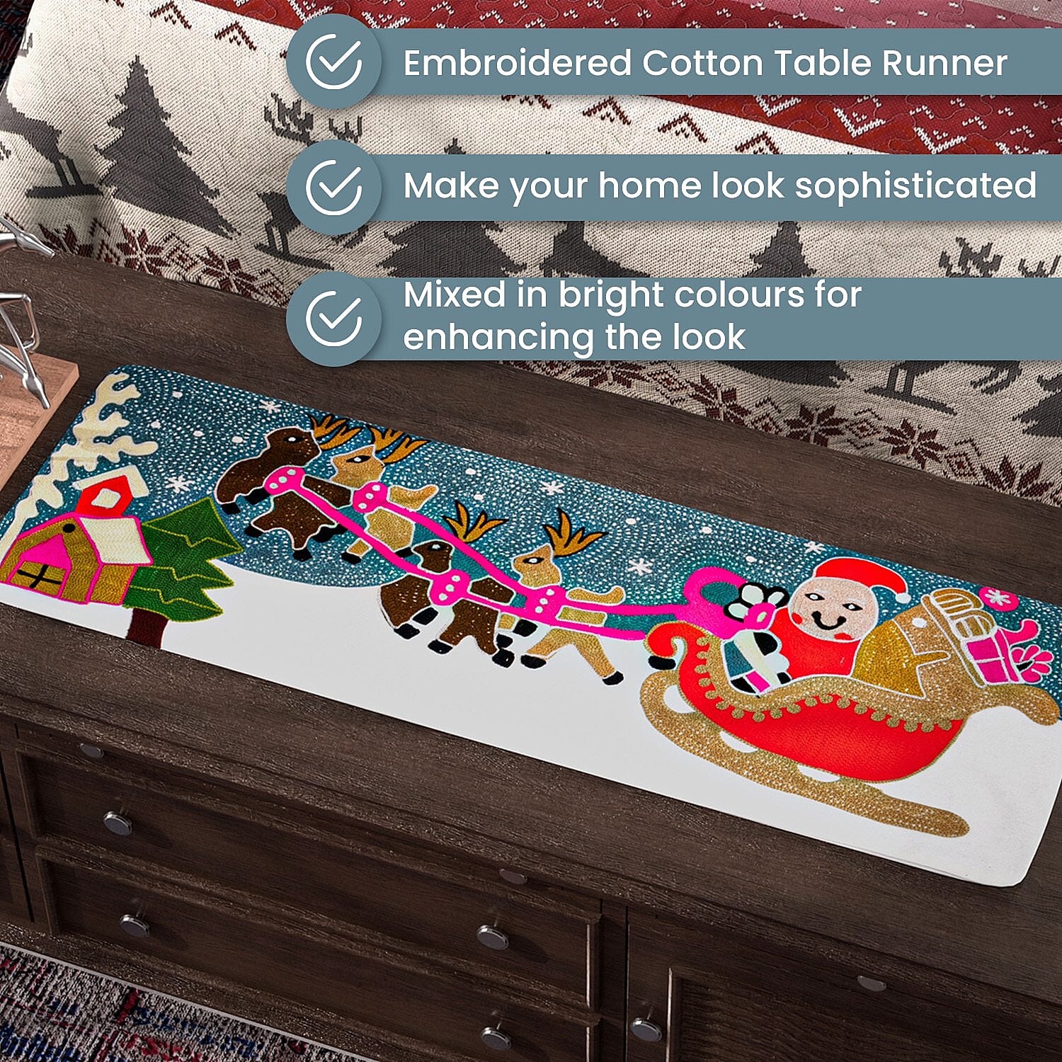 Santa on Sledge Embroidered Cotton Table Runner (Size 91x35 Cm) - Multi 8961685 2