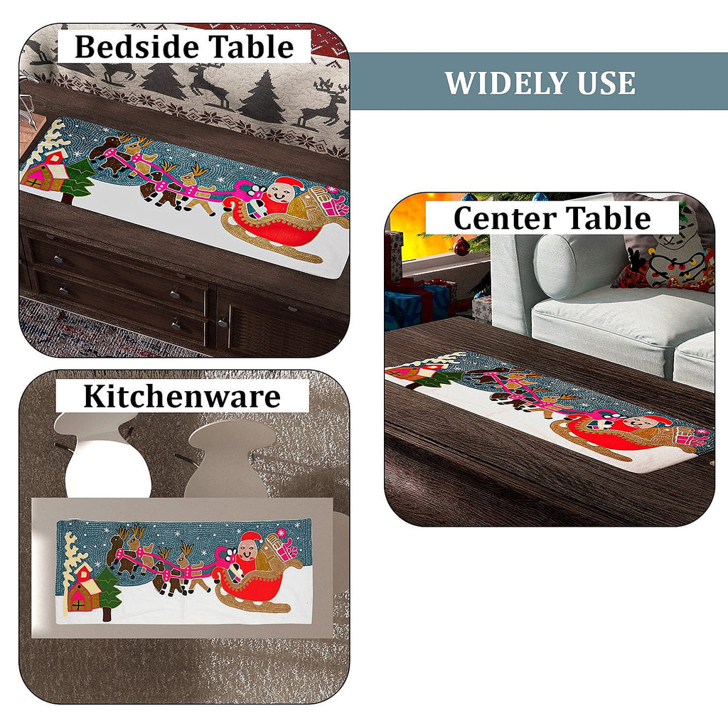 Santa on Sledge Embroidered Cotton Table Runner (Size 91x35 Cm) - Multi