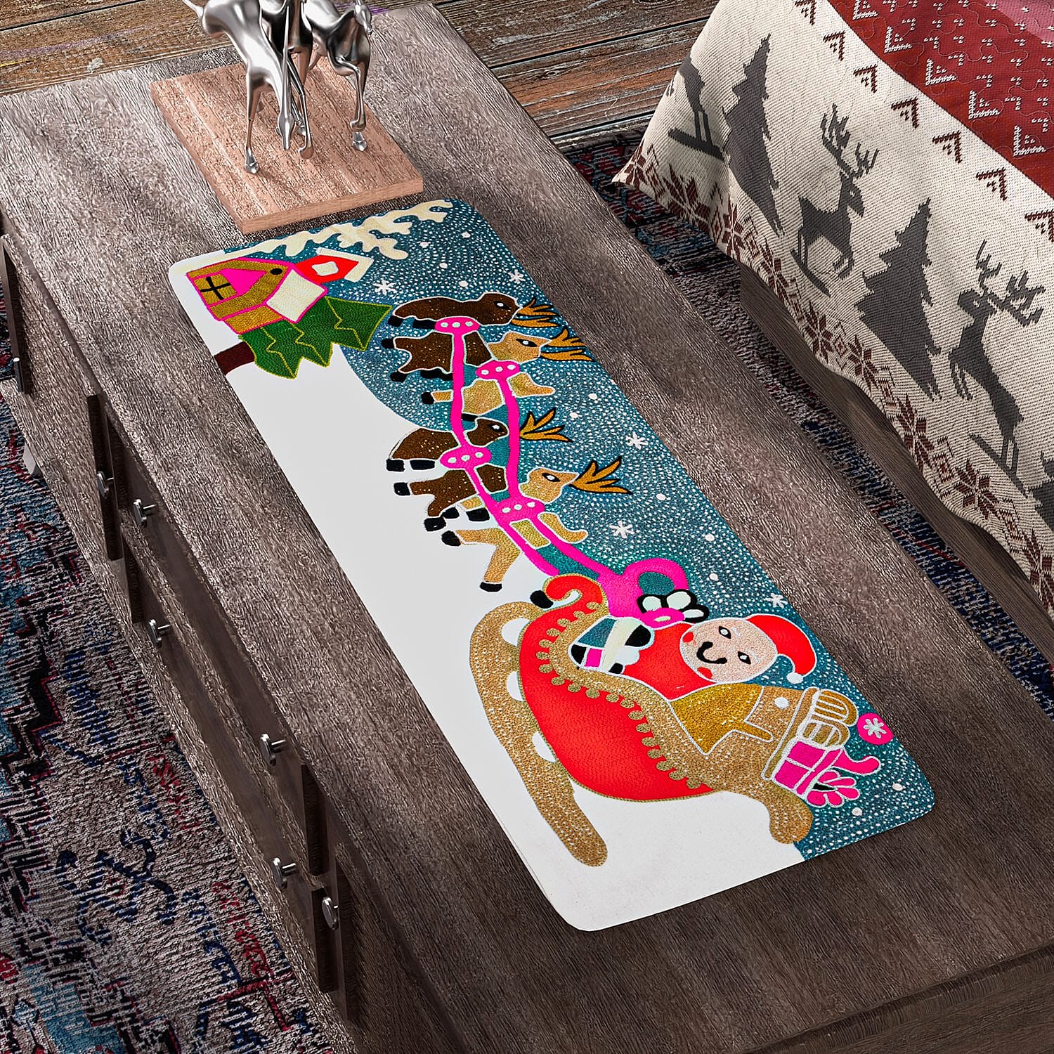 Santa on Sledge Embroidered Cotton Table Runner (Size 91x35 Cm) - Multi 8961685 6