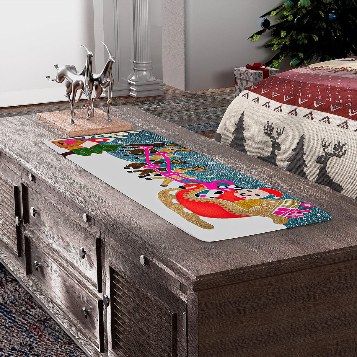 Santa on Sledge Embroidered Cotton Table Runner (Size 91x35 Cm) - Multi 8961685 7
