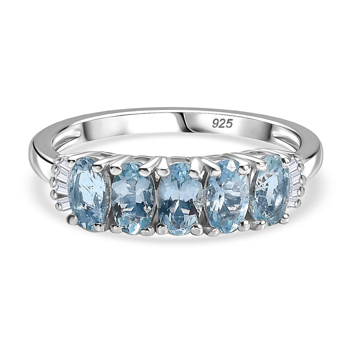 Santamaria Aquamarine &amp; White Diamond 5 Stone Ring in Rhodium Overlay Sterling Silver 1.10 Ct. 8059647 1