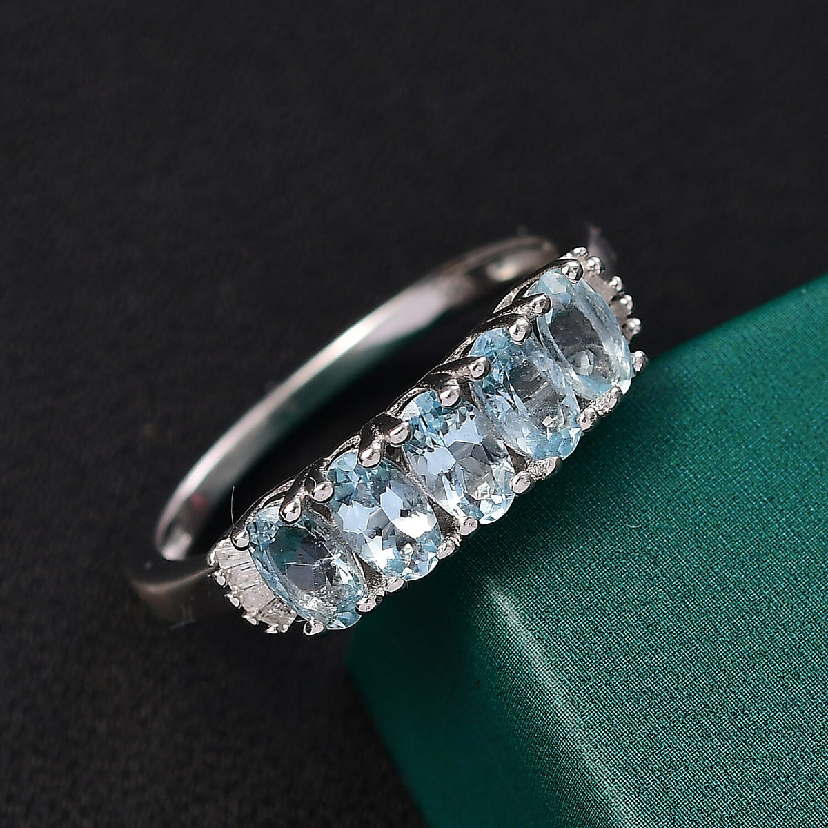 Santamaria Aquamarine &amp; White Diamond 5 Stone Ring in Rhodium Overlay Sterling Silver 1.10 Ct. 8059647 2