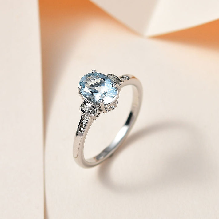 Santamaria Aquamarine &amp; Diamond Ring in Platinum Overlay Sterling Silver 1.27 Ct 7721741 2