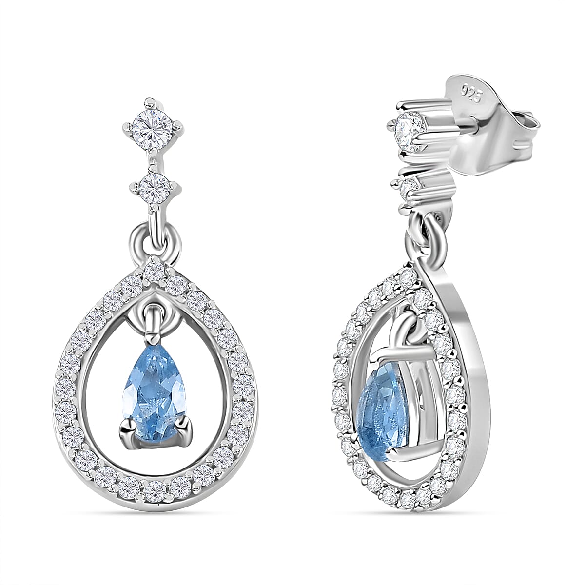 Santamaria Aquamarine &amp; White Zircon Dangling Earring with Push Back in Rhodium Overlay Sterling Silver 1.04 Ct. 8081604 0