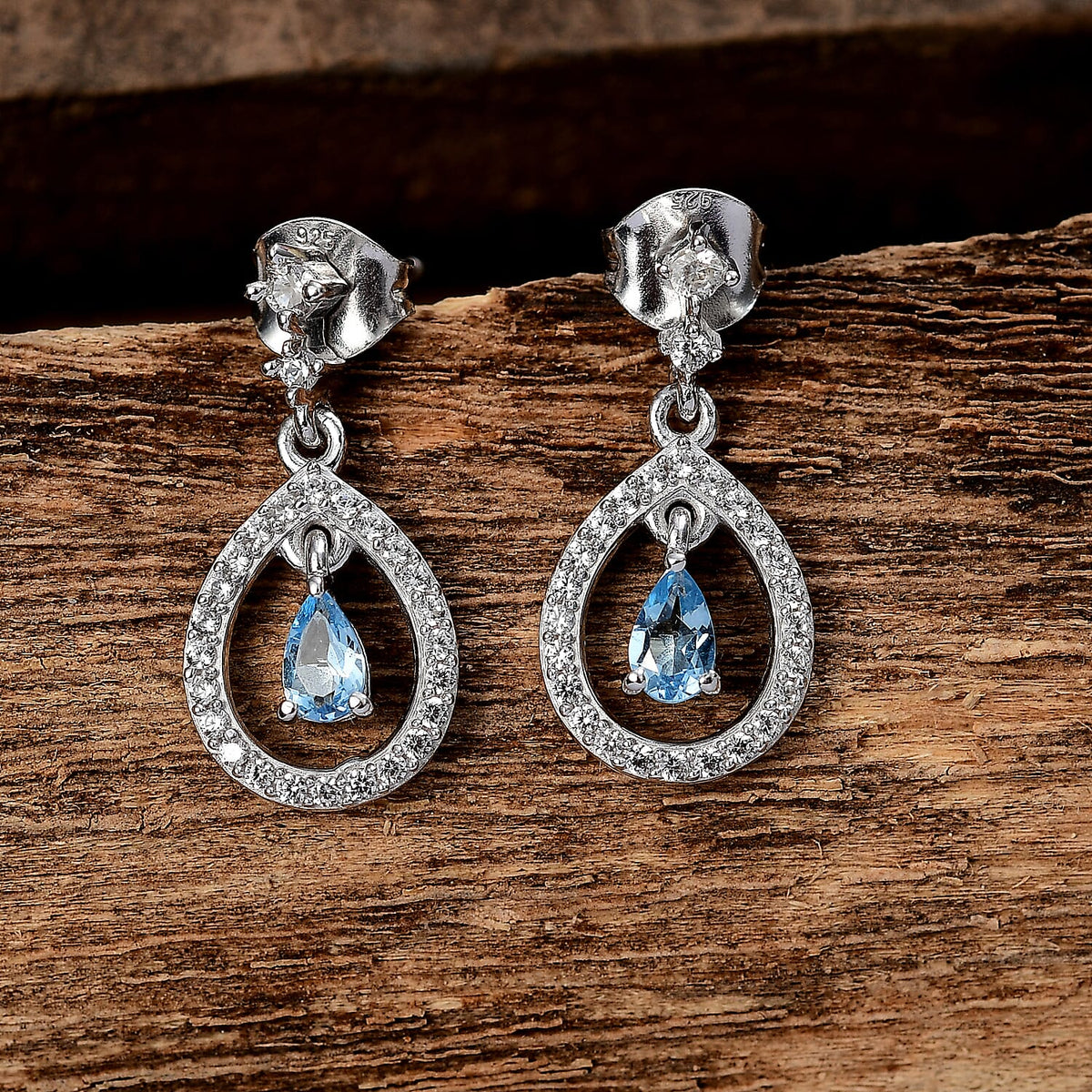 Santamaria Aquamarine &amp; White Zircon Dangling Earring with Push Back in Rhodium Overlay Sterling Silver 1.04 Ct. 8081604 2