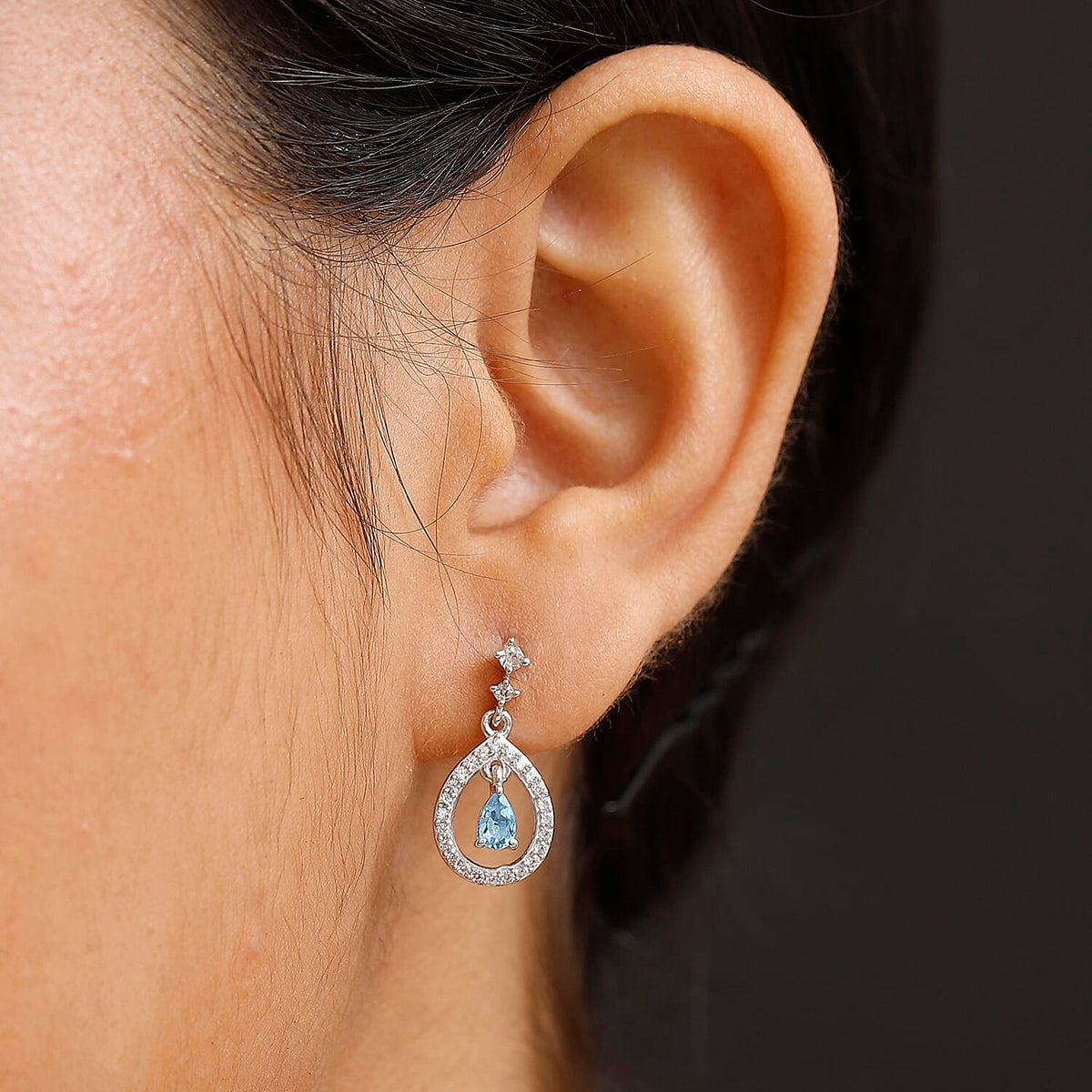 Santamaria Aquamarine &amp; White Zircon Dangling Earring with Push Back in Rhodium Overlay Sterling Silver 1.04 Ct. 8081604 3