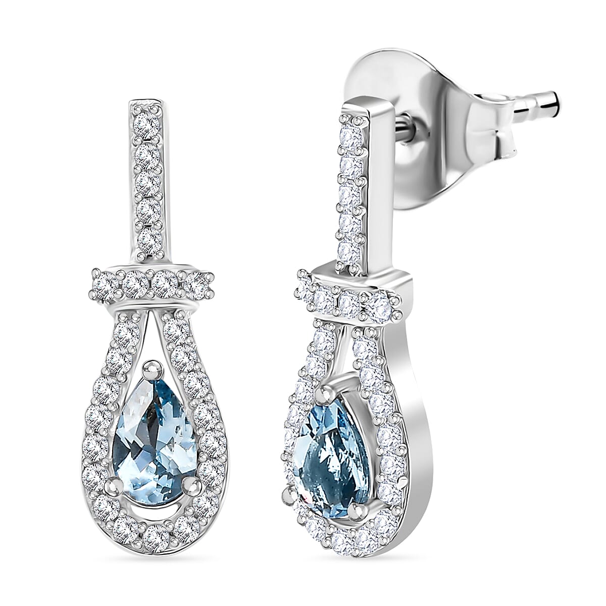 Santamaria Aquamarine &amp; White Zircon Push Back Earrings in Rhodium Overlay Sterling Silver 1.92 Ct. 8065193 0