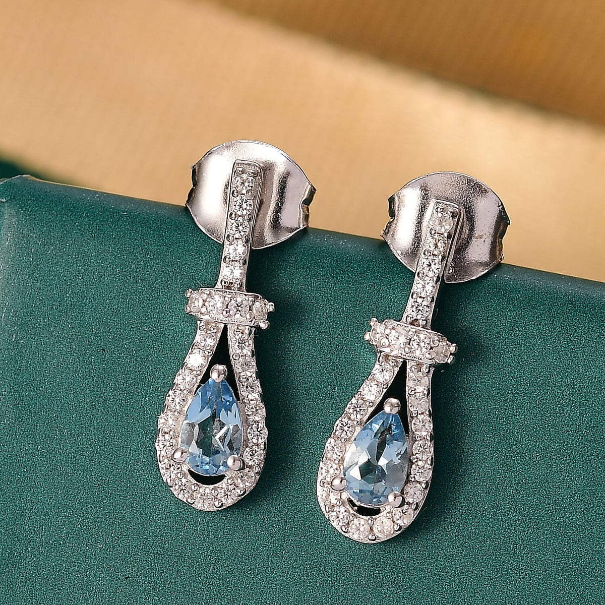 Santamaria Aquamarine &amp; White Zircon Push Back Earrings in Rhodium Overlay Sterling Silver 1.92 Ct. 8065193 2