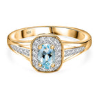 D'Joy Santamaria Aquamarine & Natural Zircon Cushion Halo Split Shank Ring in 18K Vermeil Yellow Gold Plated Sterling Silver