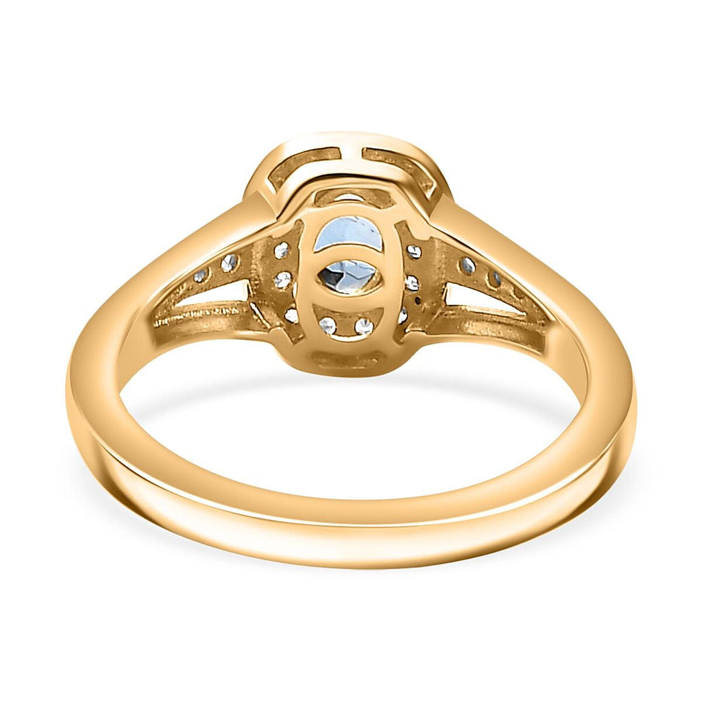 D'Joy Santamaria Aquamarine & Natural Zircon Cushion Halo Split Shank Ring in 18K Vermeil Yellow Gold Plated Sterling Silver