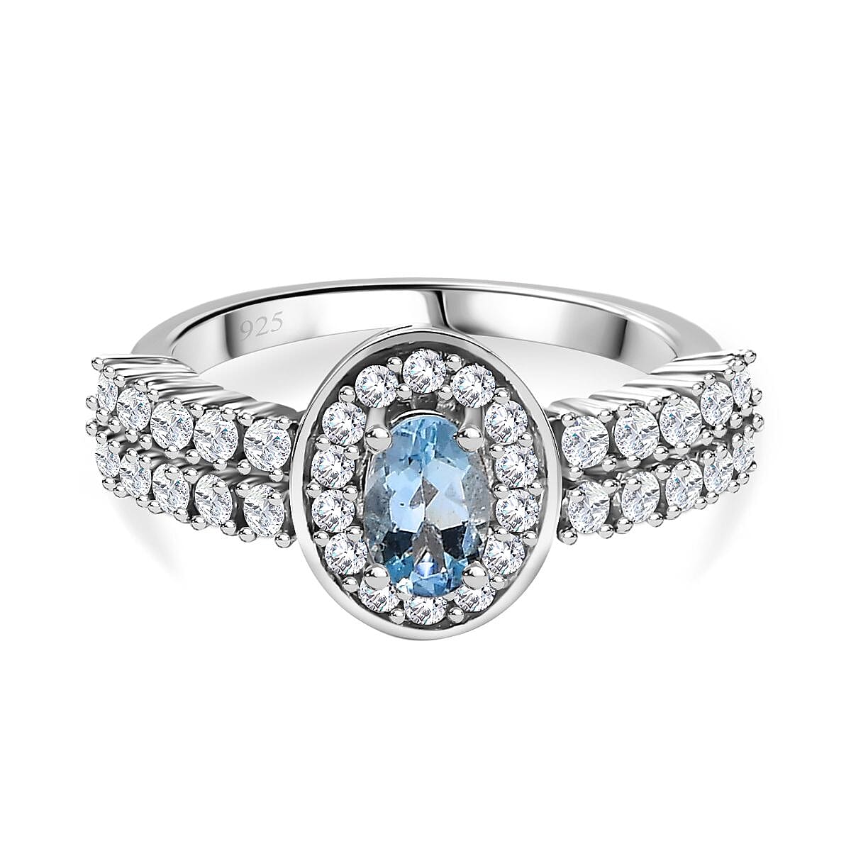 Santamaria Aquamarine, White Zircon Halo Ring in Rhodium Overlay Sterling Silver, 1.445 Ct. V32639228 0
