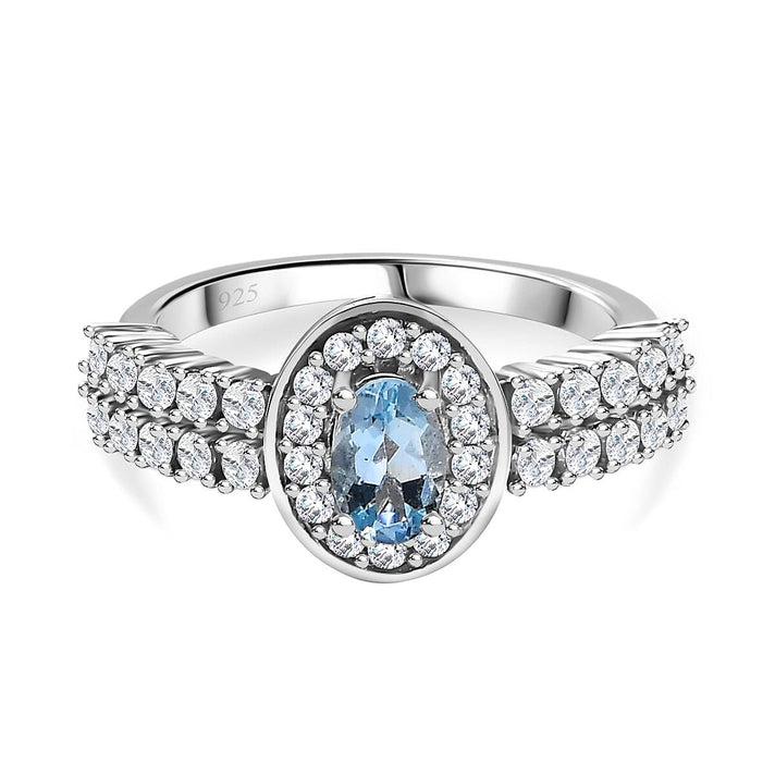 Santamaria Aquamarine, White Zircon Halo Ring in Rhodium Overlay Sterling Silver, 1.445 Ct. 7844712 1