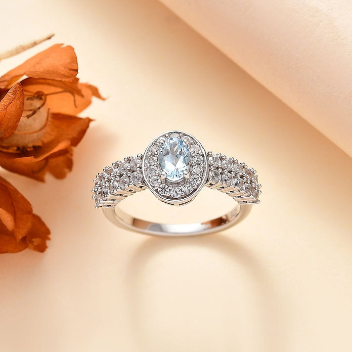 Santamaria Aquamarine, White Zircon Halo Ring in Rhodium Overlay Sterling Silver, 1.445 Ct. 7844712 2