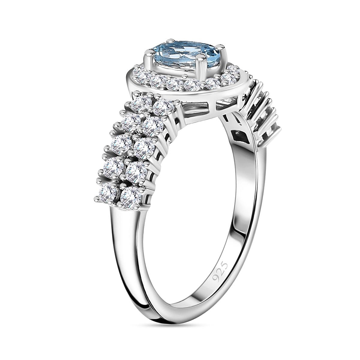 Santamaria Aquamarine, White Zircon Halo Ring in Rhodium Overlay Sterling Silver, 1.445 Ct. V32639228 3