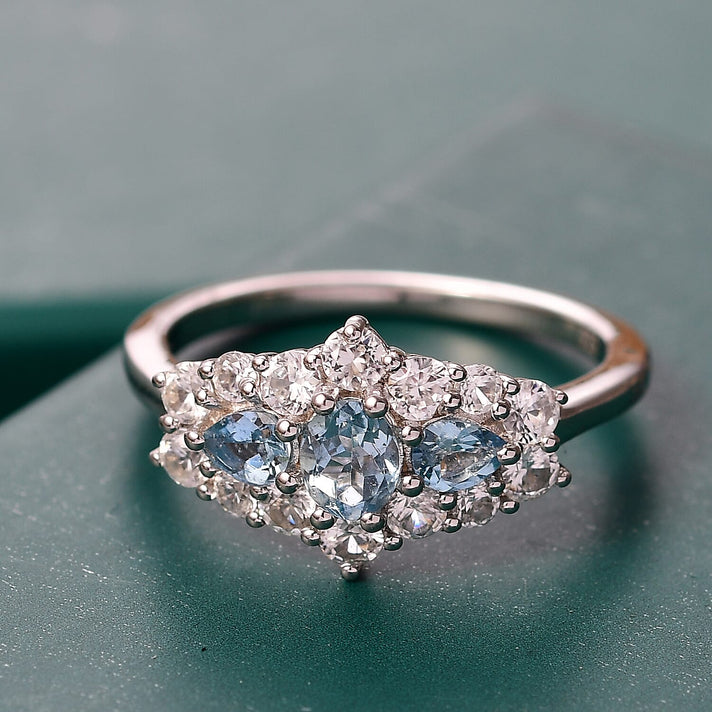Santamaria Aquamarine &amp; White Zircon Ring in Rhodium Overlay Sterling Silver 1.47 Ct. 8065154 2