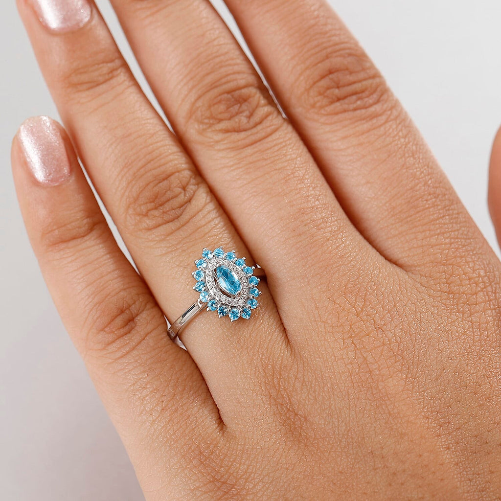 Santamaria Aquamarine & White Zircon Ring in Rhodium Overlay Sterling Silver.