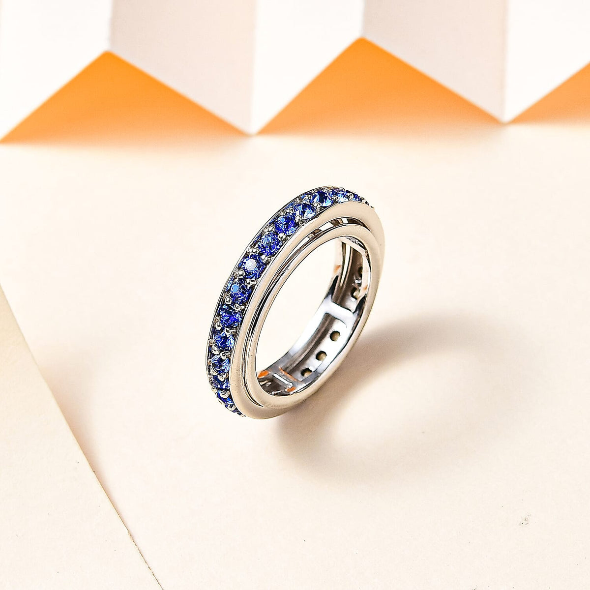 Sapphire Finest Crystal Band Spinner Ring in Platinum Overlay Sterling Silver 7661395 1