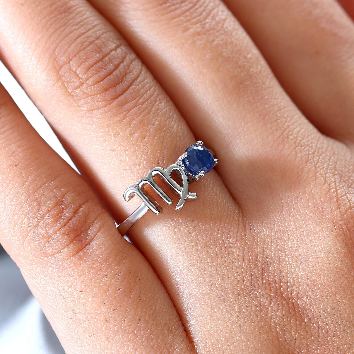 Sapphire September Birthstone Zodiac Virgo Sign Ring in Platinum Plated Sterling Silver 3571627 3