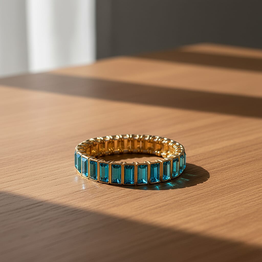 Sea Blue Glass Stretchable Bracelet (Size - 7) in Yellow Gold Tone V32515798 2