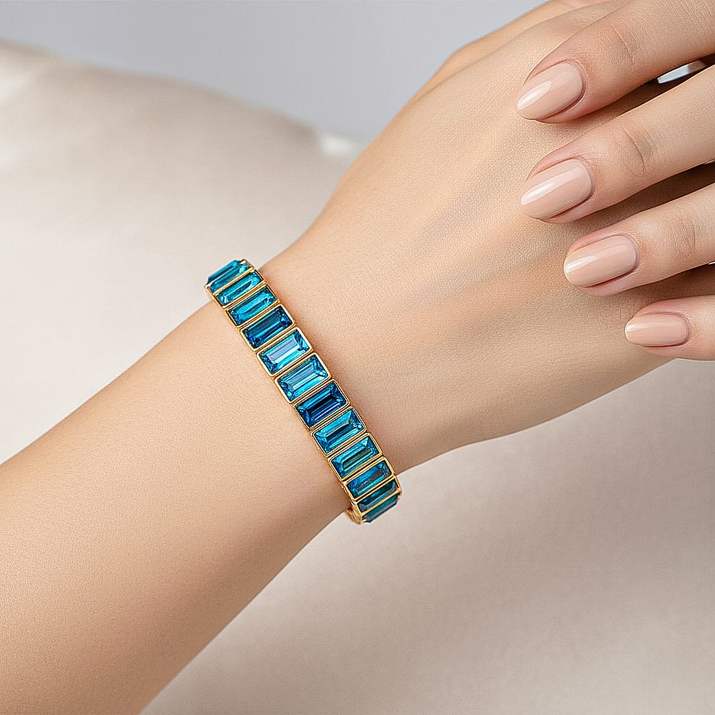 Sea Blue Glass Stretchable Bracelet (Size - 7) in Yellow Gold Tone V32515798 3