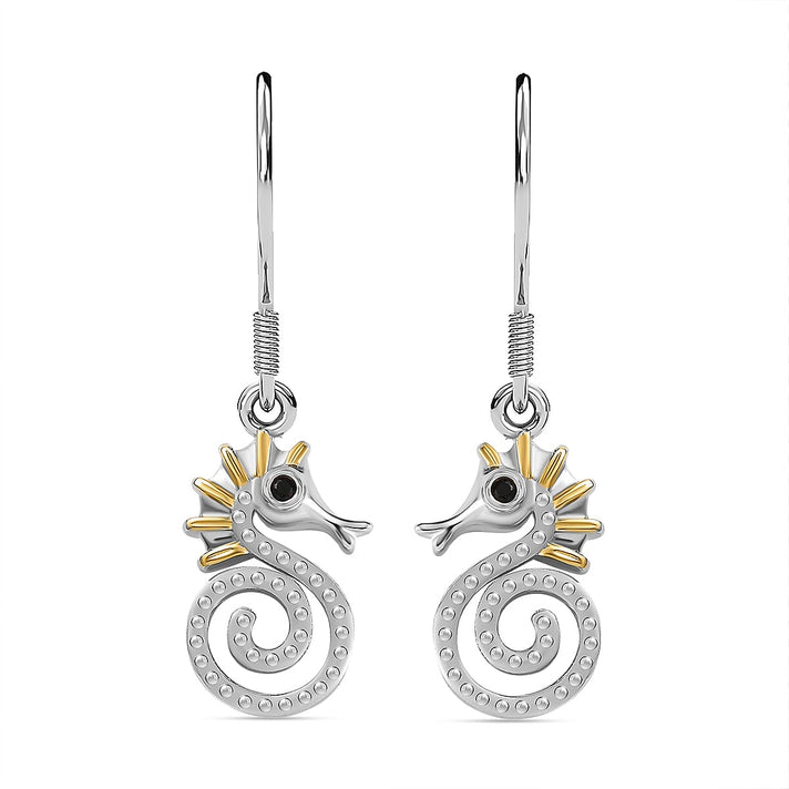 Seahorse Hook Earrings with Boi Ploi Black Spinel in Platinum and Gold Plated Silver 3573645 1
