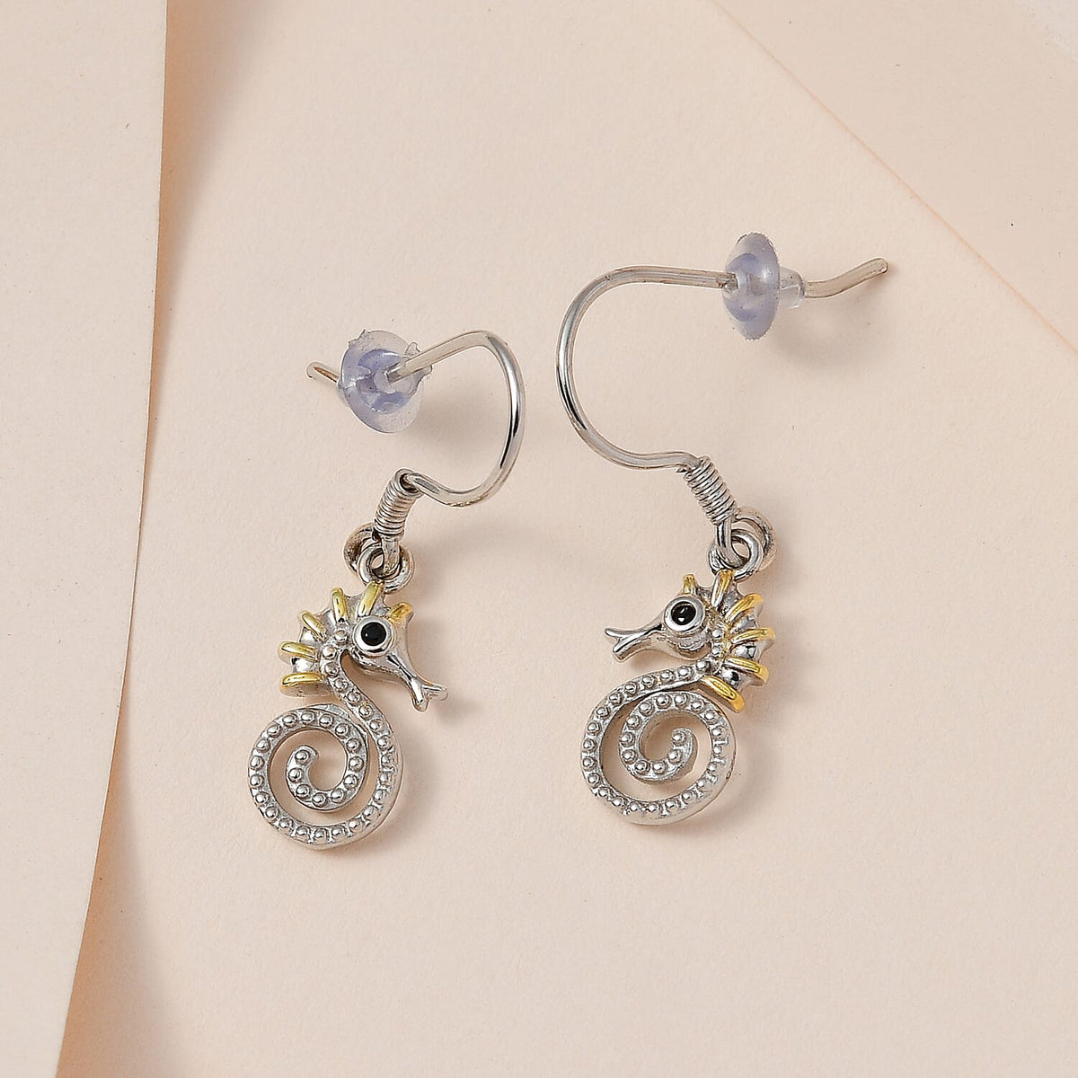 Seahorse Hook Earrings with Boi Ploi Black Spinel in Platinum and Gold Plated Silver V32699847 2