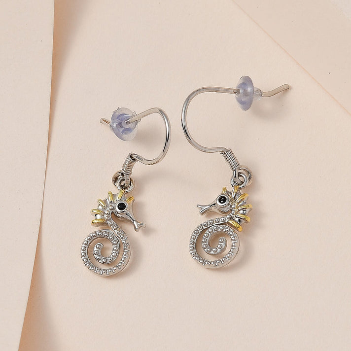 Seahorse Hook Earrings with Boi Ploi Black Spinel in Platinum and Gold Plated Silver 3573645 2