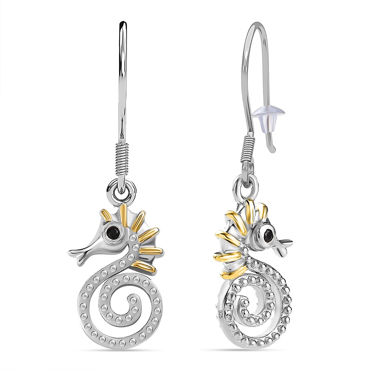 Seahorse Hook Earrings with Boi Ploi Black Spinel in Platinum and Gold Plated Silver V32699847 4