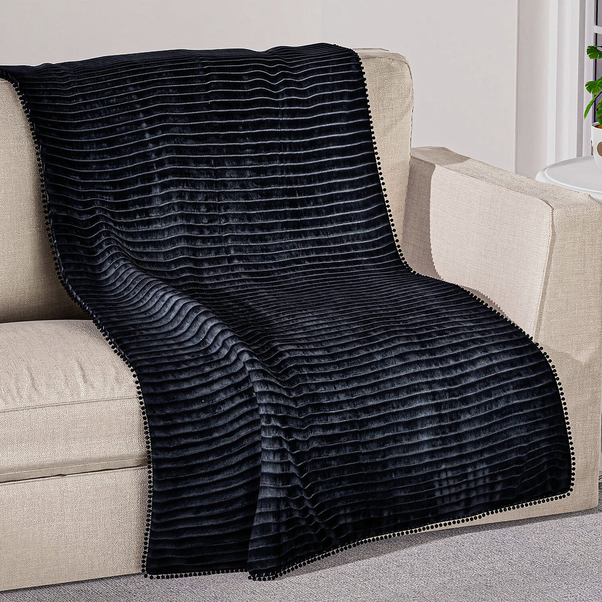 Season Launch Stripe Flannel Blanket with Pompom Border (Size 210x150 Cm) - Black 7013389 0