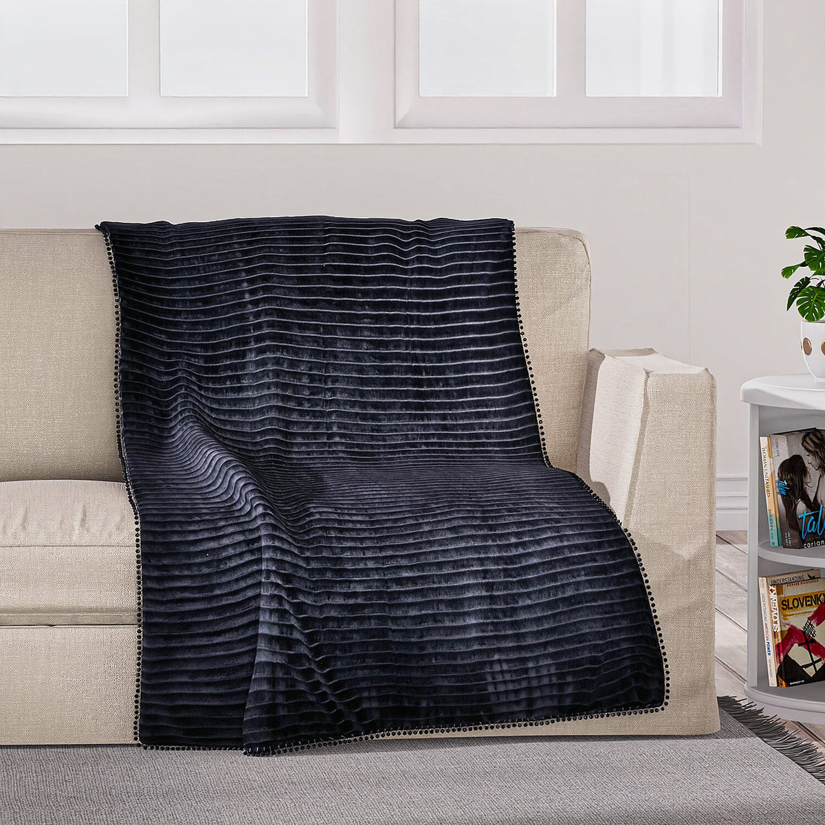 Season Launch Stripe Flannel Blanket with Pompom Border (Size 210x150 Cm) - Black 7013389 1