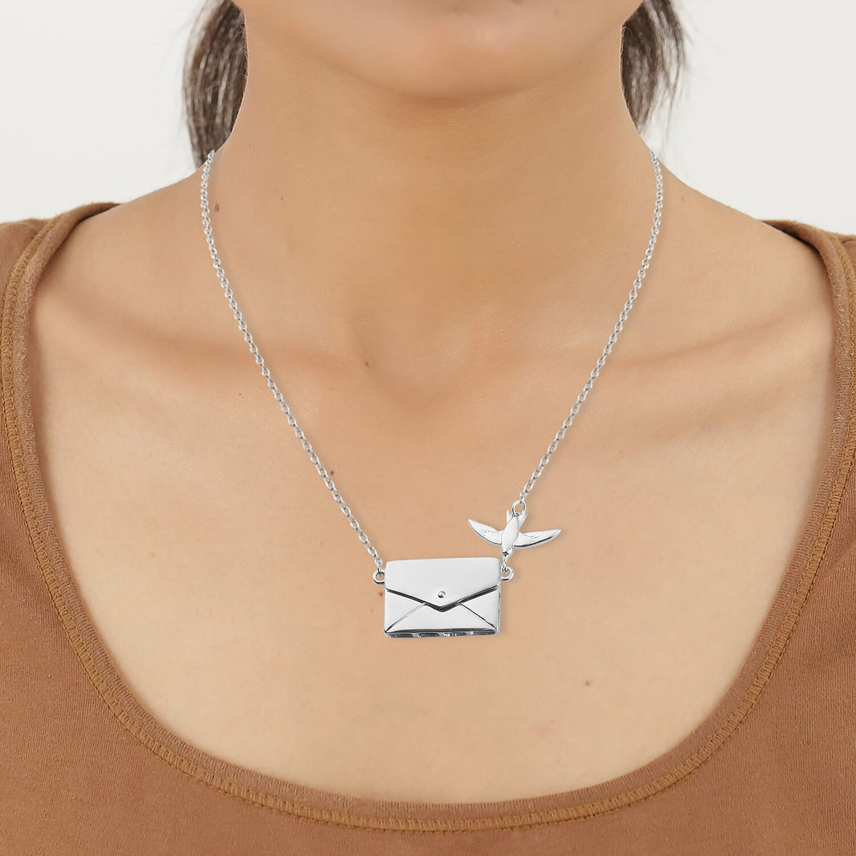 Secret Message Envelope Necklace with Bird in Platinum Plated Silver Size 20 Inch 3735438 0