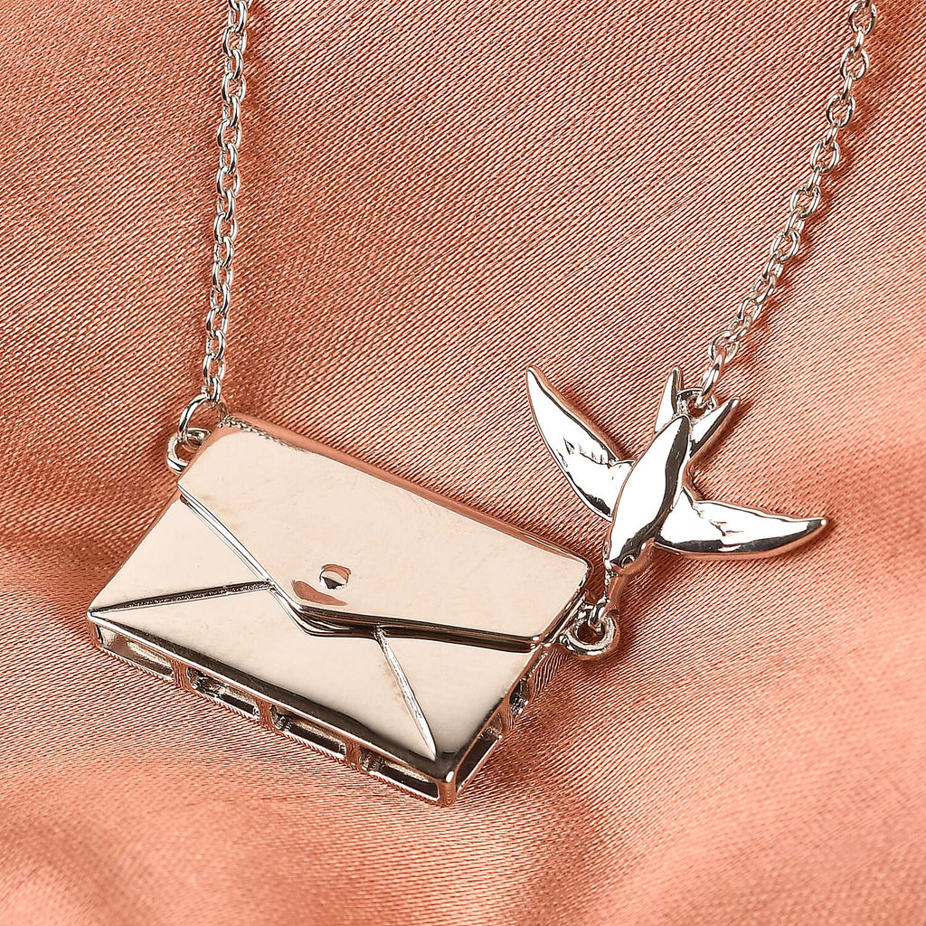 Secret Message Envelope Necklace with Bird in Platinum Plated Silver Size 20 Inch