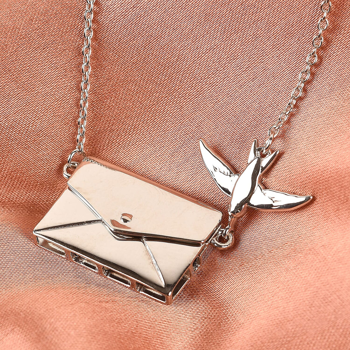 Secret Message Envelope Necklace with Bird in Platinum Plated Silver Size 20 Inch 3735438 3