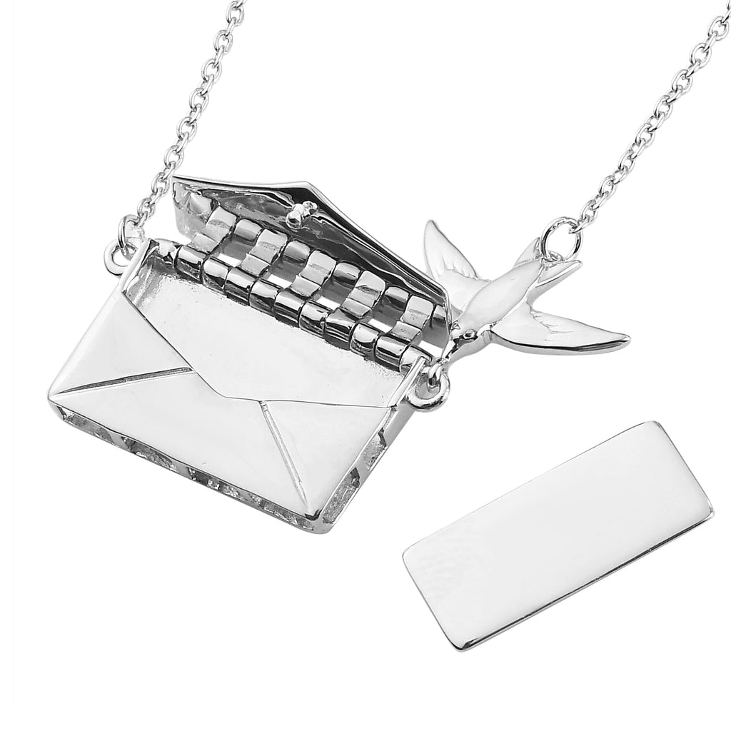 Secret Message Envelope Necklace with Bird in Platinum Plated Silver Size 20 Inch