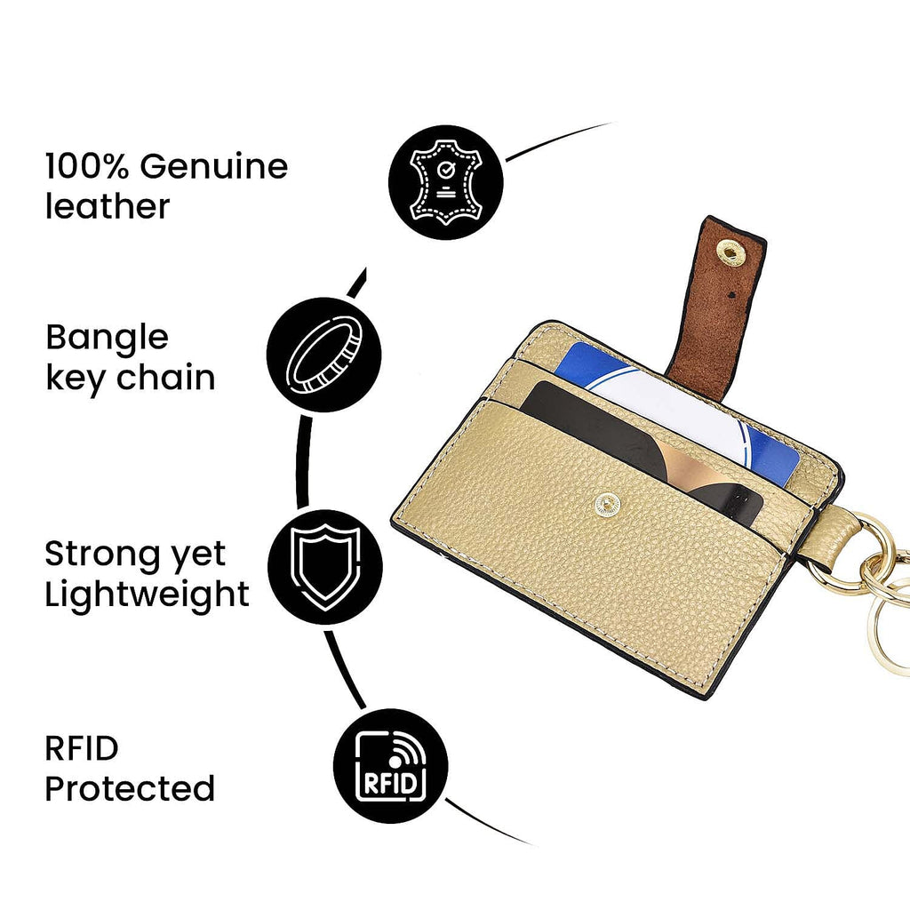 SENCILLEZ 100% Genuine Leather Bangle Key Chain with RFID Card Holder & Tassel  (Size 11x9 cm) - Metallic Gold