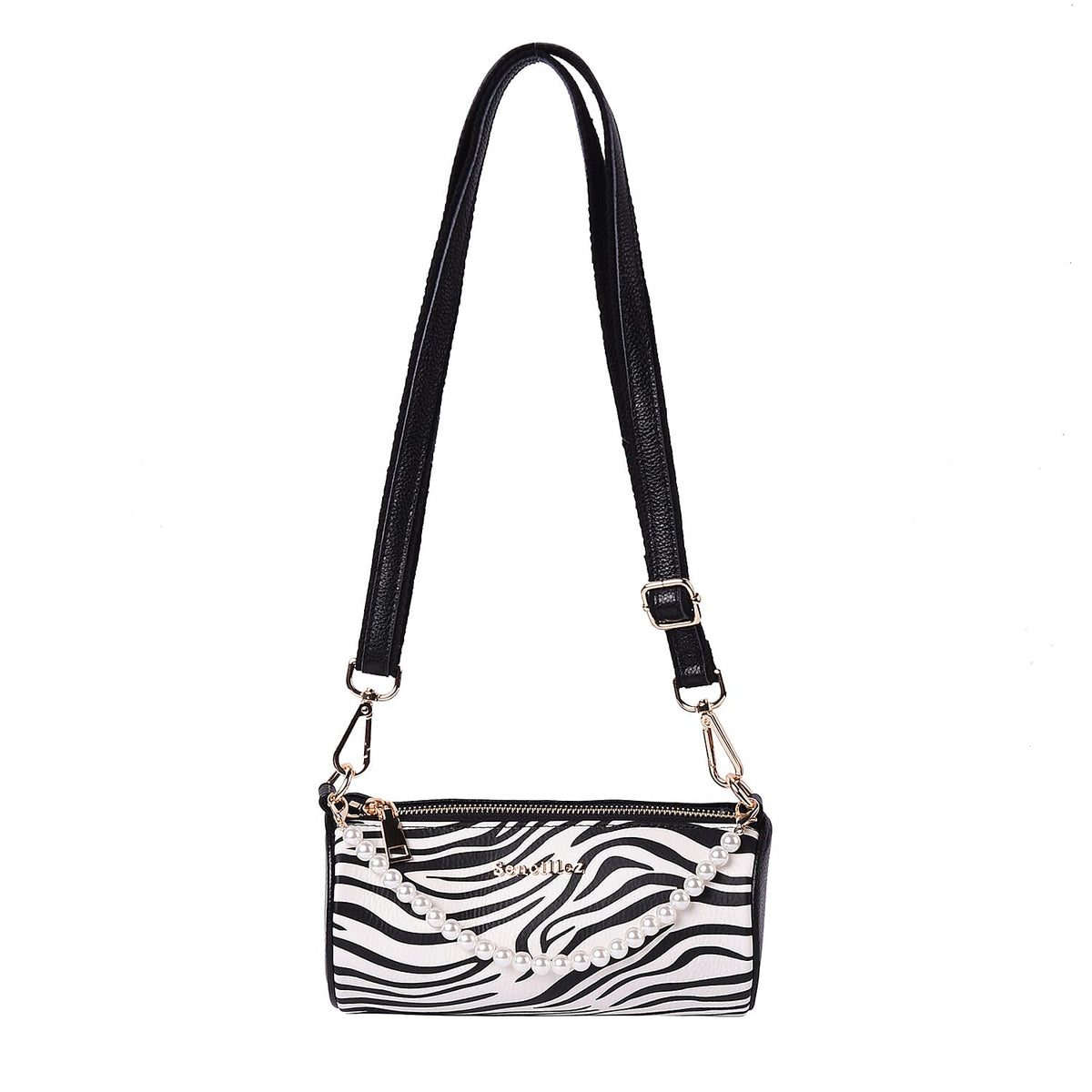 Sencillez Zebra Pattern 100% Genuine Leather Barrel Crossbody Bag (Size 21x10x10cm) in White &amp; Black 6021657 0