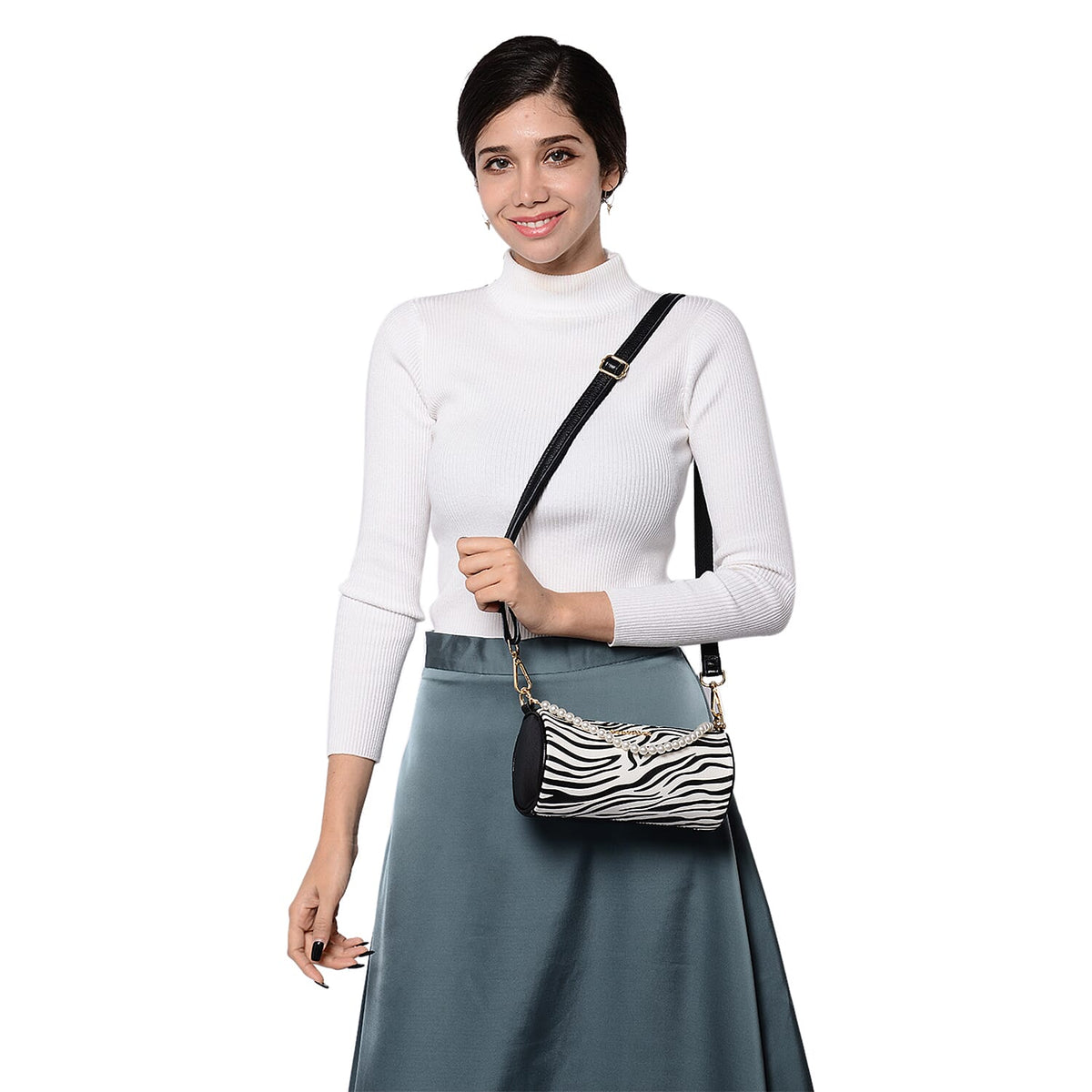 Sencillez Zebra Pattern 100% Genuine Leather Barrel Crossbody Bag (Size 21x10x10cm) in White &amp; Black 6021657 2