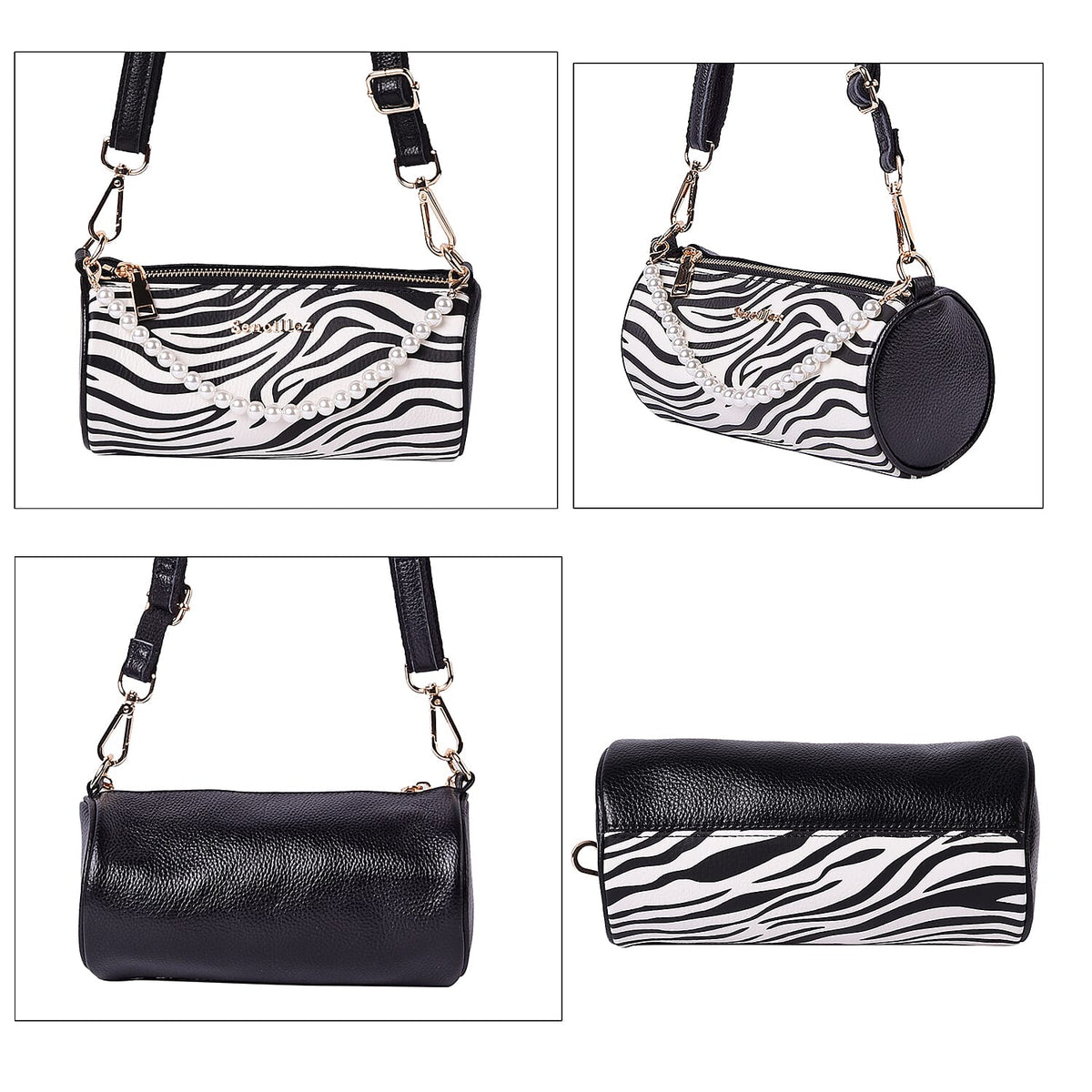 Sencillez Zebra Pattern 100% Genuine Leather Barrel Crossbody Bag (Size 21x10x10cm) in White &amp; Black 6021657 3