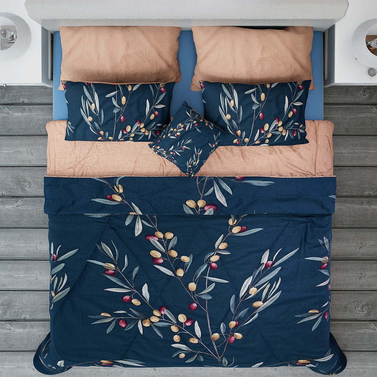Serenity Night: 4 Piece Set Olives Tree Pattern Silk Quilt with Cotton Printed Cover, 2 Pillow Cases, Cushion Cover - Gold Beige and Dark Teal 3777563 1