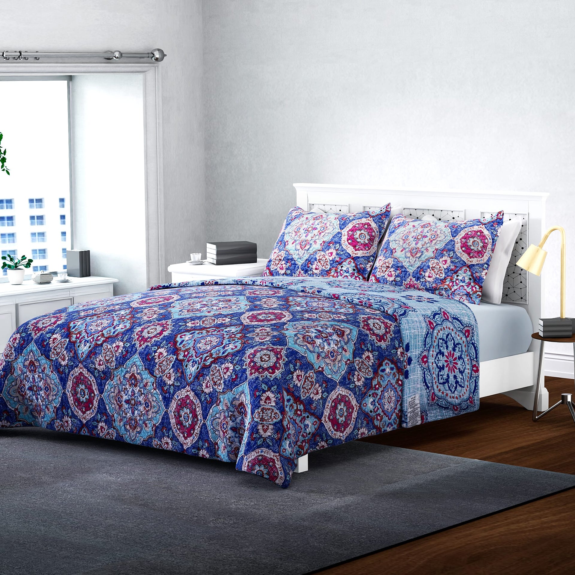 3 Piece Set of Abstract Floral Pattern Quilt and 2 Pillow Covers - Blue and Multi 3828016 0