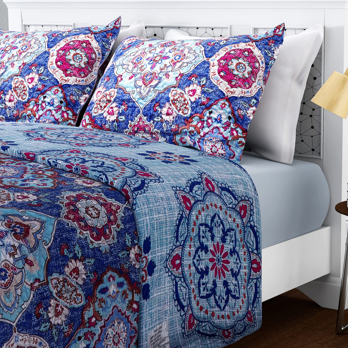 3 Piece Set of Abstract Floral Pattern Quilt and 2 Pillow Covers - Blue and Multi 3828016 1