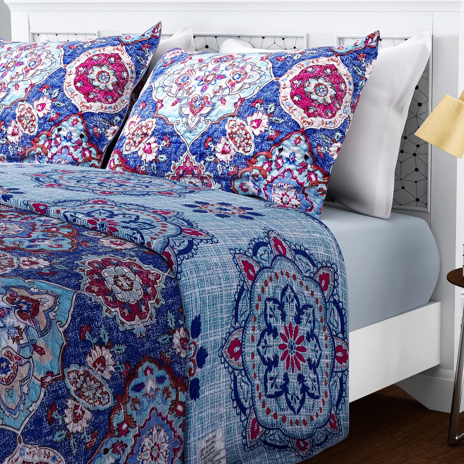 3 Piece Set of Abstract Floral Pattern Quilt and 2 Pillow Covers - Blue and Multi 3828016 1