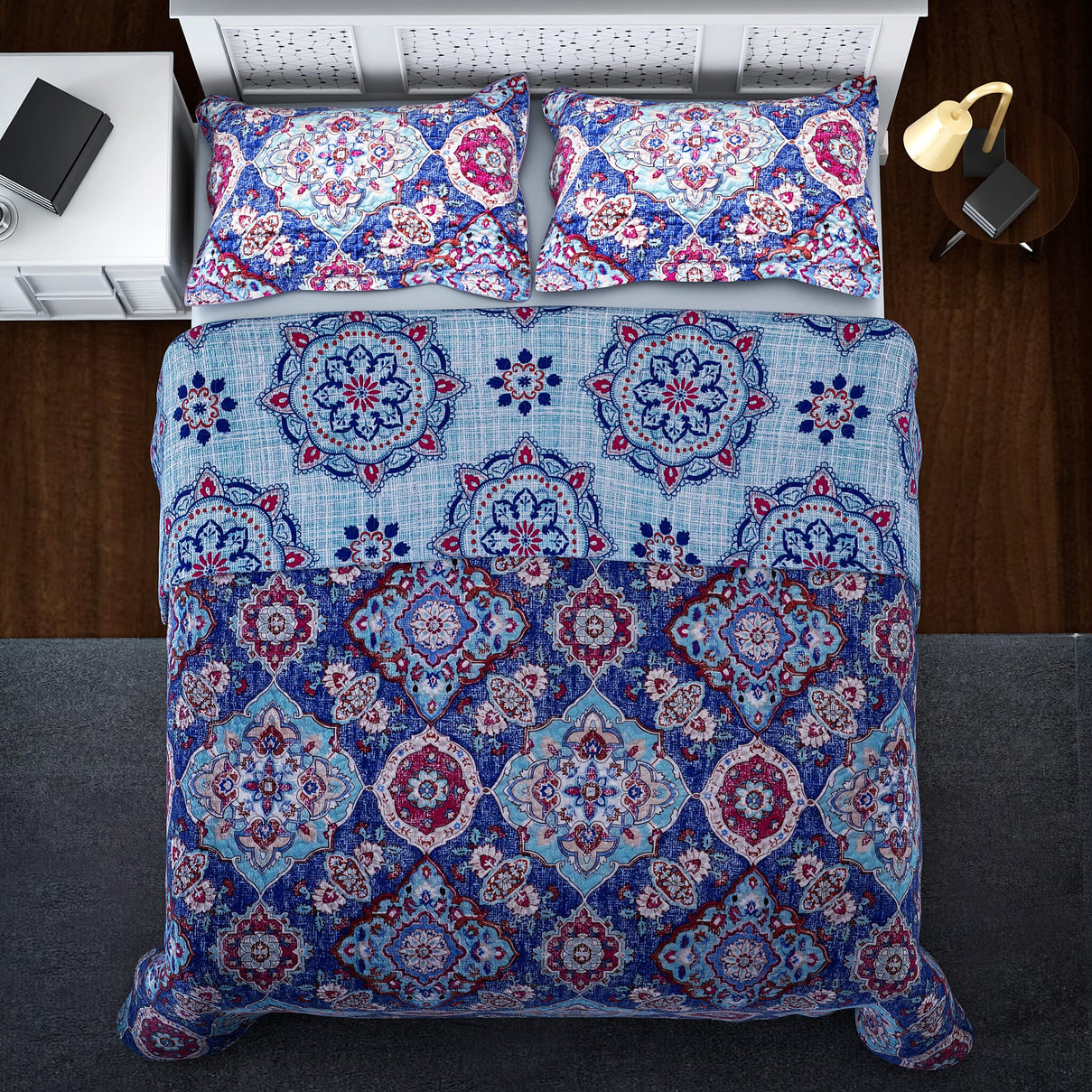 3 Piece Set of Abstract Floral Pattern Quilt and 2 Pillow Covers - Blue and Multi 3828016 2