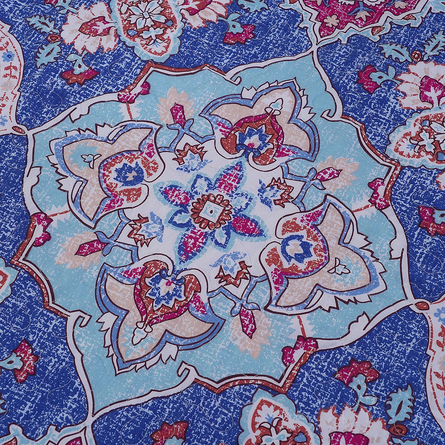 3 Piece Set of Abstract Floral Pattern Quilt and 2 Pillow Covers - Blue and Multi 3828016 3