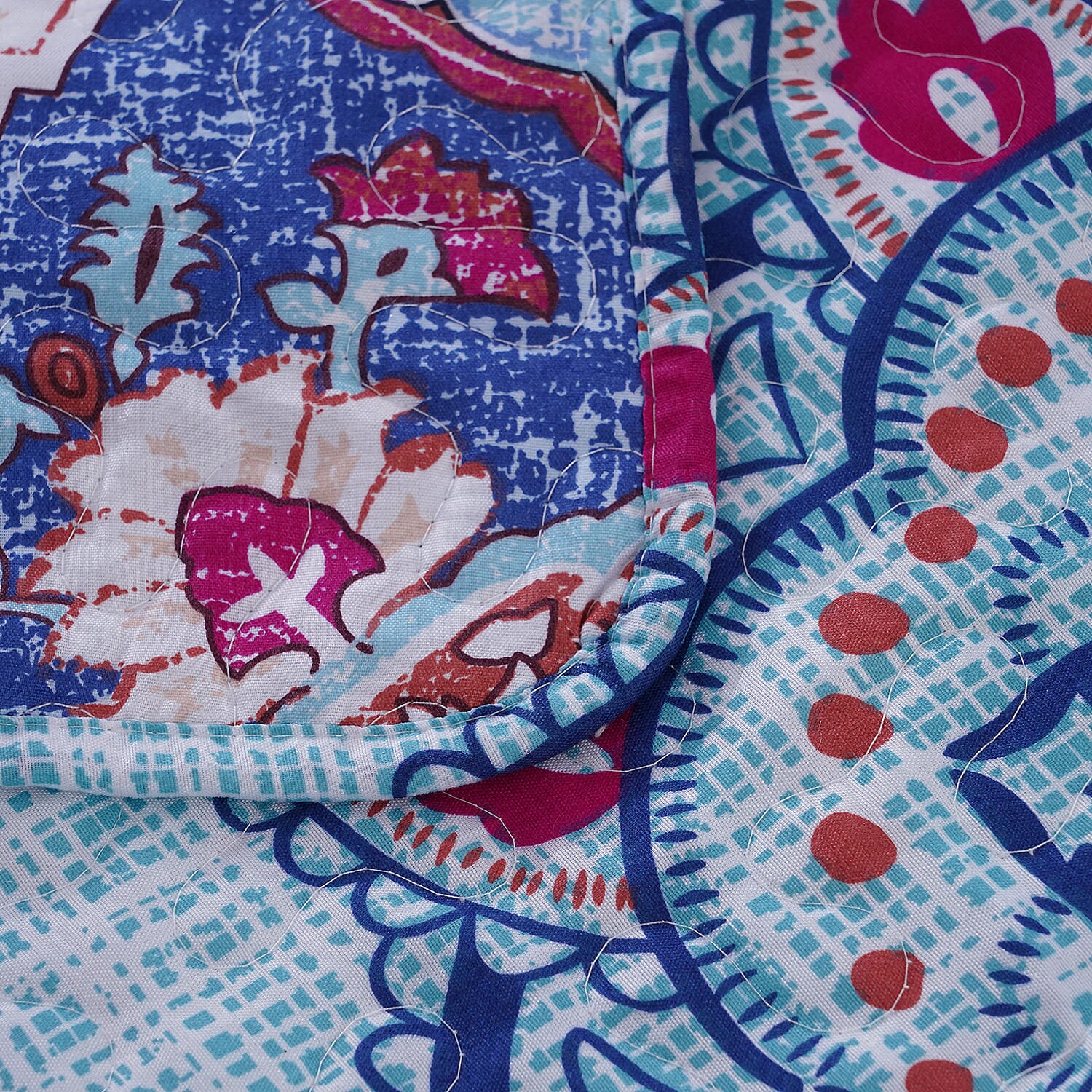 3 Piece Set of Abstract Floral Pattern Quilt and 2 Pillow Covers - Blue and Multi 3828016 4