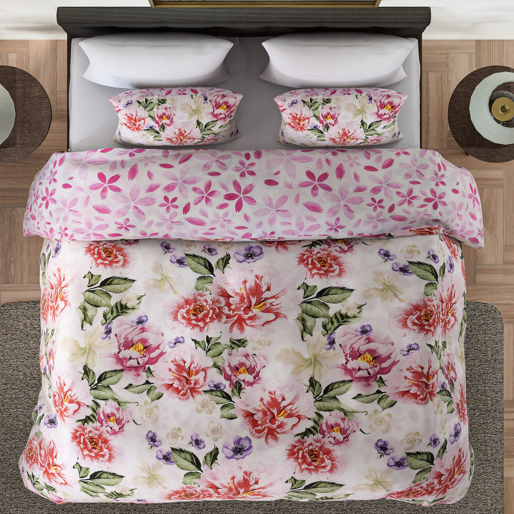 3 Piece Floral Printed Duvet Cover Set (Includes 1 Cover & 2 Pillowcases (Double Size, 200x200 cm) - White and Multi