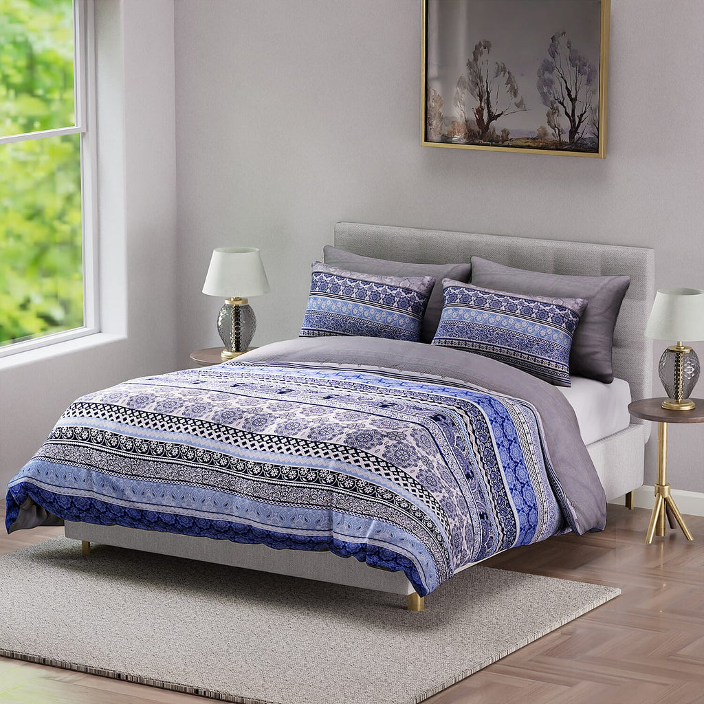 3 Piece Set - Printed Duvet Cover with 2 Pillow Cases (Double Size,200x200 cm) - Blue - White