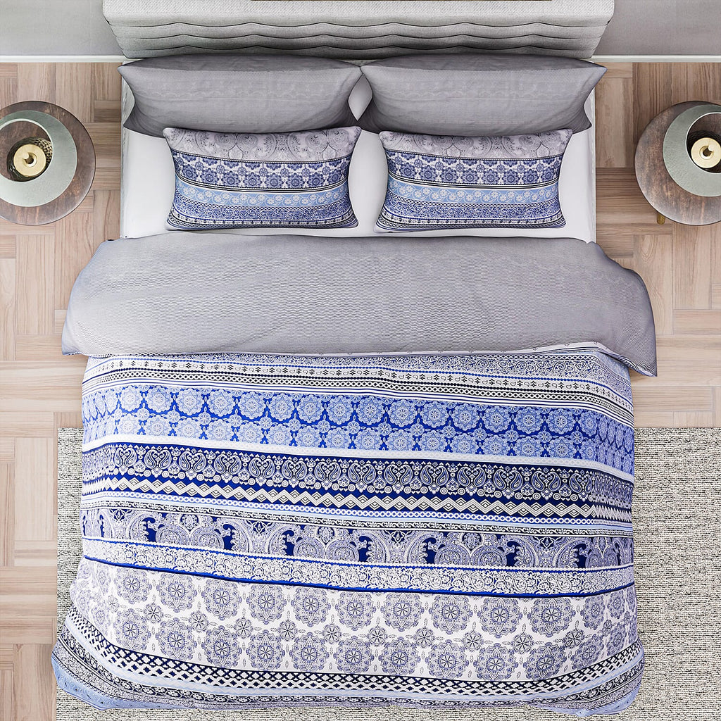 3 Piece Set - Printed Duvet Cover with 2 Pillow Cases (Double Size,200x200 cm) - Blue - White